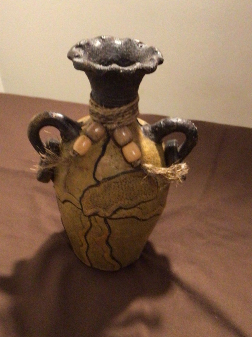 Handcrafted Leather Wrapped Two-Handled Decorative Vase in Brown and Black